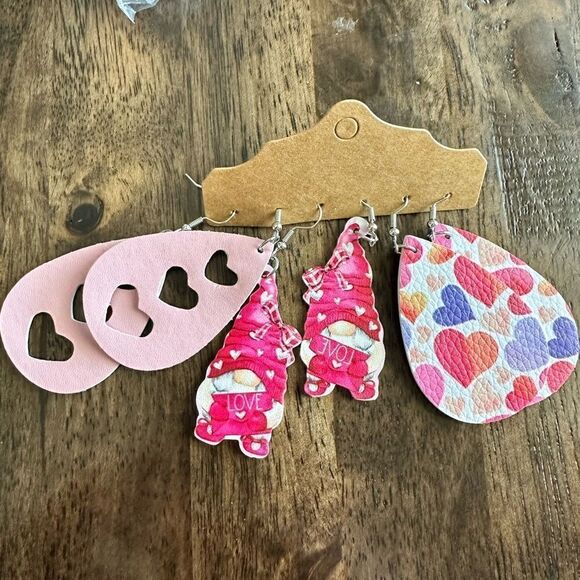 NWT - 3 Pair Valentine Leather Earrings Pink Red Hearts Teardrop Dangle - Picture 2 of 6